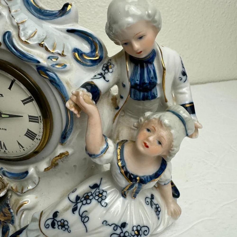 Vintage  Victorian Porcelain Figurines Blue & White & Gold Alarm Clock